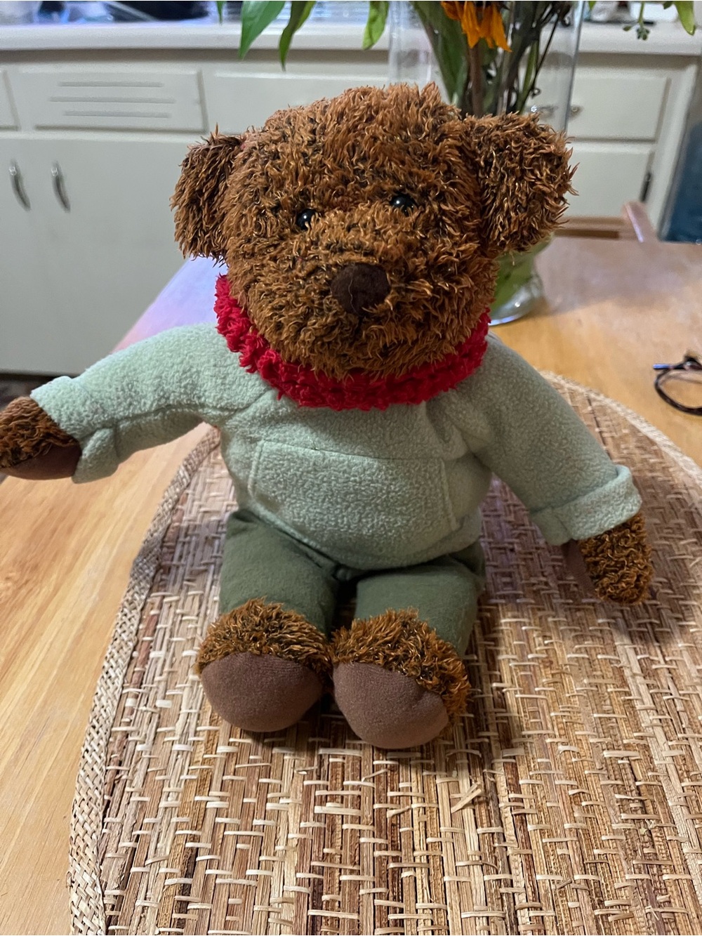 Brown Plush Bear with Green Outfit and Red Scarf - Kids Toy